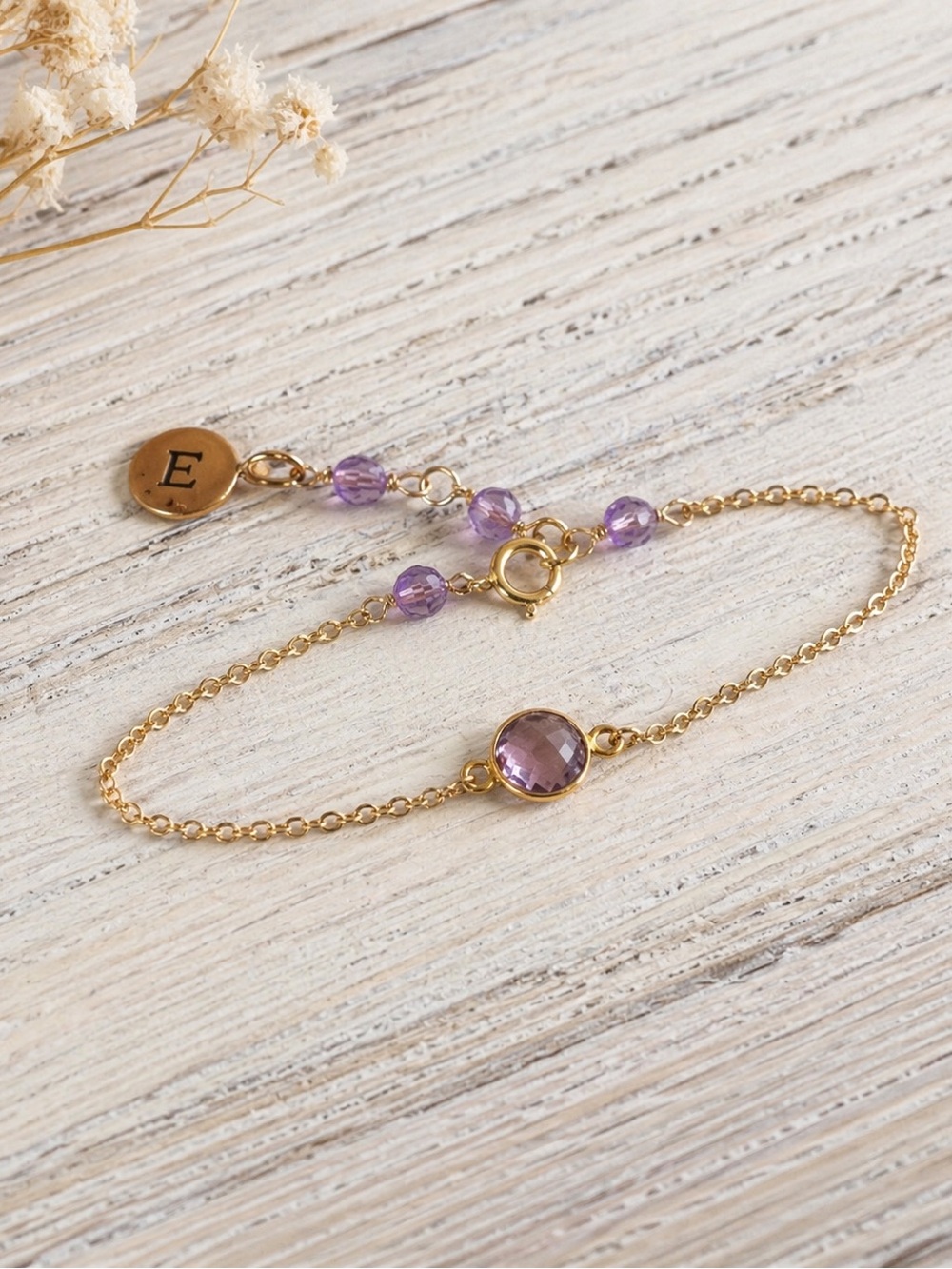 Gold Filled Bracelet amethyst Gemstone and Initial- other stones available
